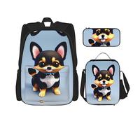 WZYCWB Card Love Fancy Puppy Ensemble sac à dos (3 pièces) - Sac d'école pour étudiant + trousse + sac à déjeuner + sac à dos grande capacité, noir, One Size
