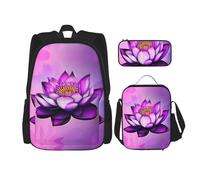 WZYCWB Cartable avec motif lotus violet + trousse + sac à déjeuner pour tous les jours