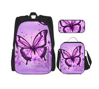 WZYCWB Cartable avec motif papillon violet + trousse + sac à déjeuner pour tous les jours