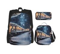 WZYCWB Cartable avec motif train de nuit enneigé + trousse + sac à déjeuner pour tous les jours