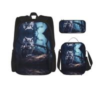 WZYCWB Cartable motif hibou de nuit + trousse + sac à déjeuner pour tous les jours