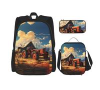 WZYCWB Cartable motif tracteur de ferme rouge + trousse + sac à déjeuner pour tous les jours