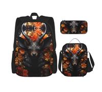 WZYCWB Cartable noire antilope avec fleurs + trousse + sac à déjeuner pour tous les jours