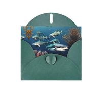 WZYCWB Carte de vœux en papier nacré avec enveloppe Motif requins sous la mer Vert foncé Idéal pour les vœux d'anniversaire de mariage félicitations et condoléances