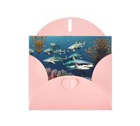 WZYCWB Carte de vœux en papier nacré rose avec enveloppe Motif requins sous la mer Idéal pour les vœux d'anniversaire, les félicitations et les condoléances