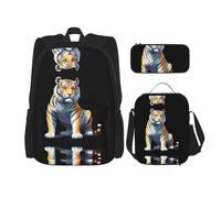 WZYCWB Dotwork Tiger Ensemble sac à dos (3 pièces) - Sac d'écolier + trousse + sac à déjeuner + sac à dos grande capacité