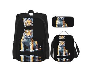 WZYCWB Dotwork Tiger Ensemble sac à dos (3 pièces) - Sac d'écolier + trousse + sac à déjeuner + sac à dos grande capacité