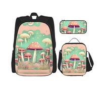 WZYCWB Dream Ensemble sac à dos champignon (3 pièces) - Sac d'école pour étudiant + trousse + sac à déjeuner + sac à dos grande capacité, noir, One Size