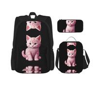 WZYCWB Ensemble de 3 sacs à dos avec chaton souriant - Sac d'école + trousse à crayons + sac à déjeuner - Sac à dos de grande capacité