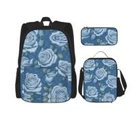 WZYCWB Ensemble de 3 sacs à dos avec de belles roses sur fond bleu - Sac d'école pour étudiant + trousse à crayons + sac à déjeuner, sac à dos de grande capacité