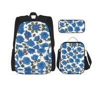 WZYCWB Ensemble de 3 sacs à dos avec joli motif roses bleues - Sac d'écolier + trousse + sac à déjeuner, sac à dos de grande capacité