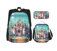 WZYCWB Ensemble de 3 sacs à dos classiques Château - Sac d'école pour étudiant + trousse + sac à déjeuner - Sac à dos de grande capacité