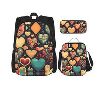WZYCWB Ensemble de 3 sacs à dos colorés en forme de cœurs - Sac d'école pour étudiant + trousse + sac à déjeuner, sac à dos de grande capacité