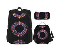 WZYCWB Ensemble de 3 sacs à dos psychédéliques avec cercles fluorescents - Grande capacité - Sac d'école pour étudiant - Trousse à crayons - Sac à déjeuner