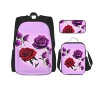 WZYCWB Ensemble sac à dos (3 pièces) avec motif roses rouges et violettes - Sac d'école pour étudiant + trousse + sac à déjeuner - Sac à dos de grande capacité