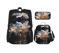 WZYCWB Ensemble sac à dos à double bord motif lys (3 pièces) - cartable pour étudiant + trousse + sac à déjeuner + sac à dos grande capacité