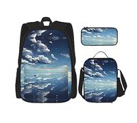 WZYCWB Ensemble sac à dos bleu ciel et nuages blancs (3 pièces) - Sac d'école pour étudiant + trousse + sac à déjeuner, sac à dos de grande capacité