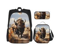 WZYCWB Ensemble sac à dos de bison d'Amérique du Nord (3 pièces) - Sac d'école pour étudiant + trousse + sac à déjeuner, sac à dos de grande capacité