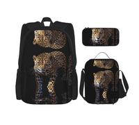 WZYCWB Ensemble sac à dos de chasse léopard (3 pièces) - Sac d'école pour étudiant + trousse + sac à déjeuner, sac à dos de grande capacité