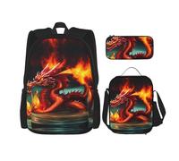 WZYCWB Ensemble sac à dos Dragon King in Fire (3 pièces) - Cartable d'écolier + trousse + sac à déjeuner + sac à dos grande capacité, noir, One Size
