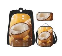 WZYCWB Ensemble sac à dos fruit de noix de coco (3 pièces) - Sac d'école pour étudiant + trousse + sac à déjeuner, sac à dos grande capacité, noir, One Size