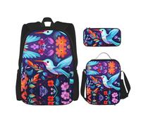 WZYCWB Ensemble sac à dos imprimé colibri (3 pièces) - Sac d'école pour étudiant + trousse + sac à déjeuner + sac à dos de grande capacité, noir, One Size