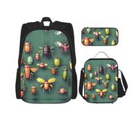 WZYCWB Ensemble sac à dos Insect Atlas (3 pièces) - Sac d'école pour étudiant + trousse + sac à déjeuner + sac à dos grande capacité, noir, One Size