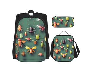 WZYCWB Ensemble sac à dos Insect Atlas (3 pièces) - Sac d'école pour étudiant + trousse + sac à déjeuner + sac à dos grande capacité, noir, One Size