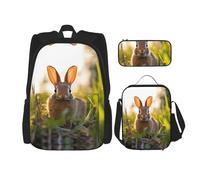 WZYCWB Ensemble sac à dos lapin dans l'herbe (3 pièces) - Sac d'école pour étudiant + trousse + sac à déjeuner + sac à dos grande capacité, noir, One Size