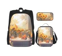 WZYCWB Ensemble sac à dos motif tournesols sous le rebord de la fenêtre (3 pièces) - Sac d'école pour étudiant + trousse à crayons + sac à déjeuner, sac à dos de grande capacité