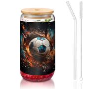 WZYCWB Firecracker Soccer 473,6 g Tasse à café glacé avec couvercle en bambou et paille - Jolies tasses à thé glacé - Tasses à bière - Idéales pour le café, les accessoires de bar, les cadeaux