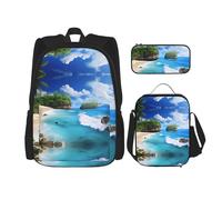 WZYCWB Joli sac d'école de plage + trousse à crayons + sac à déjeuner - Sac à dos combiné pour les trajets quotidiens