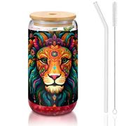 WZYCWB Joli verre avec couvercle en bambou imprimé lion pour café glacé chaud et froid, thé au lait et bière. Une tasse à eau élégante.