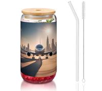 WZYCWB Landing Airplane 473,6 g Couvercle en bambou paille Tasse à café glacé Jolies tasses à thé glacé Tasses à bière Idéales pour le café, les accessoires de bar, les cadeaux esthétiques