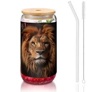 WZYCWB Le verre à couvercle en bambou imprimé Lion's Gaze pour le café glacé chaud et froid, le thé au lait et la bière. Une tasse à eau élégante.