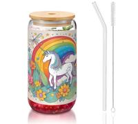 WZYCWB Licornes de dessin animé 473,6 g avec couvercle en bambou et paille - Tasses à café glacé mignonnes - Tasses à thé glacé - Tasses à bière idéales pour le café, les accessoires de bar, les