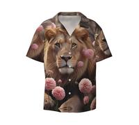 WZYCWB Lion Among Pink Flowers Chemise à manches courtes pour homme Chemise à boutons décontractée Vêtement de plage Vacances, noir, Taille XL