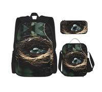 WZYCWB Little Bird Nest Ensemble sac à dos (3 pièces) - Sac d'école pour étudiant + trousse + sac à déjeuner + sac à dos de grande capacité, noir, One Size