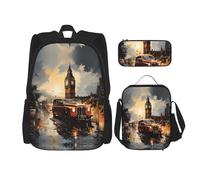 WZYCWB London Color Taxi Sac à dos (3 pièces) - Sac d'école pour étudiant + trousse + sac à déjeuner + sac à dos de grande capacité