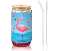 WZYCWB Long Legs Flamingo Printed Bamboo Lid Glass for hot and cold glaced coffee milk tea and beer