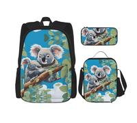 WZYCWB Lot de 2 sacs à dos koalas mignons (3 pièces) - Sac d'école pour étudiant + trousse + sac à déjeuner + sac à dos de grande capacité, noir, One Size
