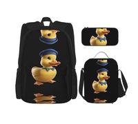WZYCWB Lot de 3 sacs à dos avec chapeau de canard jaune - Sac d'école + trousse + sac à déjeuner - Répond à tous les besoins quotidiens des étudiants