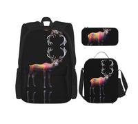 WZYCWB Lot de 3 sacs à dos élan colorés - Sac d'école pour étudiant + trousse + sac à déjeuner - Sac à dos de grande capacité