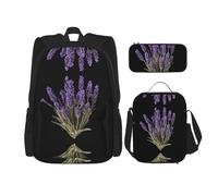 WZYCWB Lot de 3 sacs à dos Lavande - Sac d'école pour étudiant + trousse + sac à déjeuner - Sac à dos grande capacité