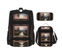 WZYCWB Lot de 3 sacs à dos lointains et rivières - Sac d'école, trousse à crayons et sac à déjeuner, sac à dos de grande capacité