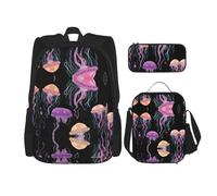 WZYCWB Lot de 3 sacs à dos méduses multiples - Sac d'école pour étudiant + trousse à crayons + sac à déjeuner, sac à dos de grande capacité