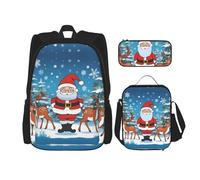 WZYCWB Lot de 3 sacs à dos motif cerf de Noël - Sac d'école pour étudiant + trousse + sac à déjeuner - Sac à dos de grande capacité