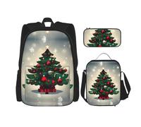 WZYCWB Lot de 3 sacs à dos motif sapin de Noël - Sac d'école pour étudiant + trousse + sac à déjeuner - Sac à dos grande capacité - Noir - Taille unique