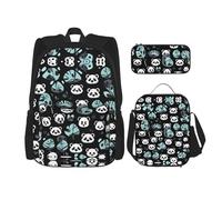 WZYCWB Lot de 3 sacs à dos motif visage de panda noir et blanc - Sac d'école + trousse à crayons + sac à déjeuner - Répond à tous les besoins quotidiens des étudiants - Noir, taille unique, noir