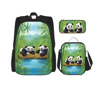 WZYCWB Lot de 3 sacs à dos pandas mignons - Sac d'école + trousse à crayons + sac à déjeuner - Sac à dos grande capacité - Noir - Taille unique, Noir , Taille unique